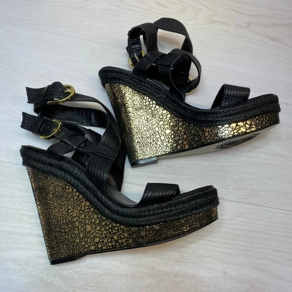Donald J Pliner Womens 9.5M Michelle Wedge Sandals Black Gold Leather Espadrille